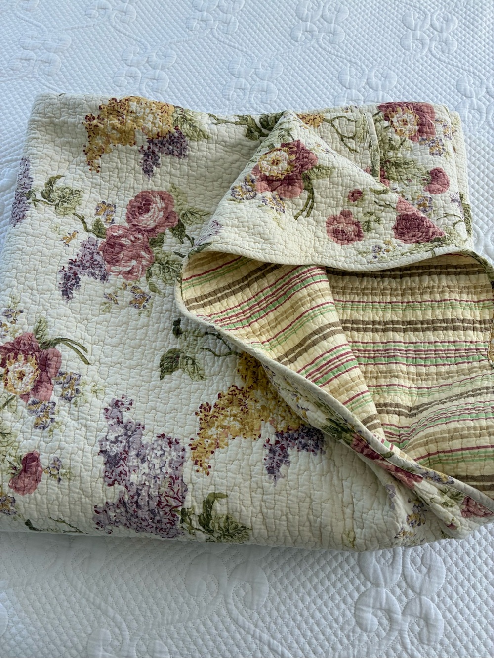 Vintage Cotton Quilt 90x88 Antique Rose Floral Shabby Chic Reversible Stripe